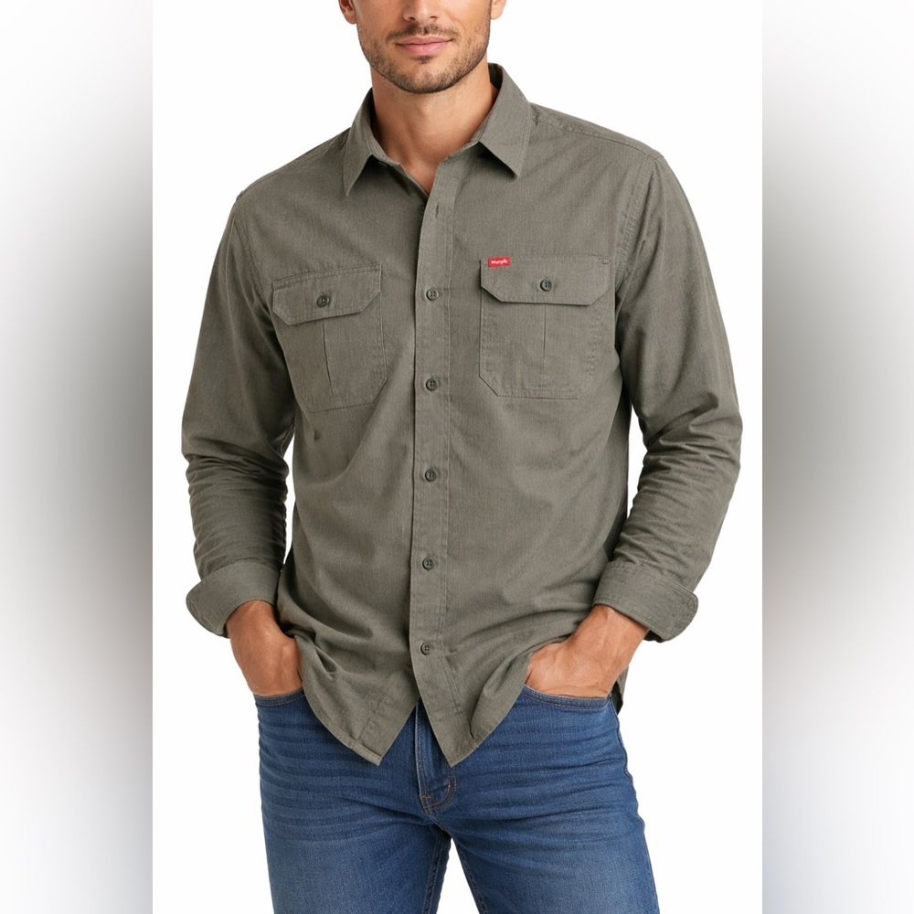 Wrangler Olive Utility Button Down Work Shirt Heritage Workwear Men’s Size XL